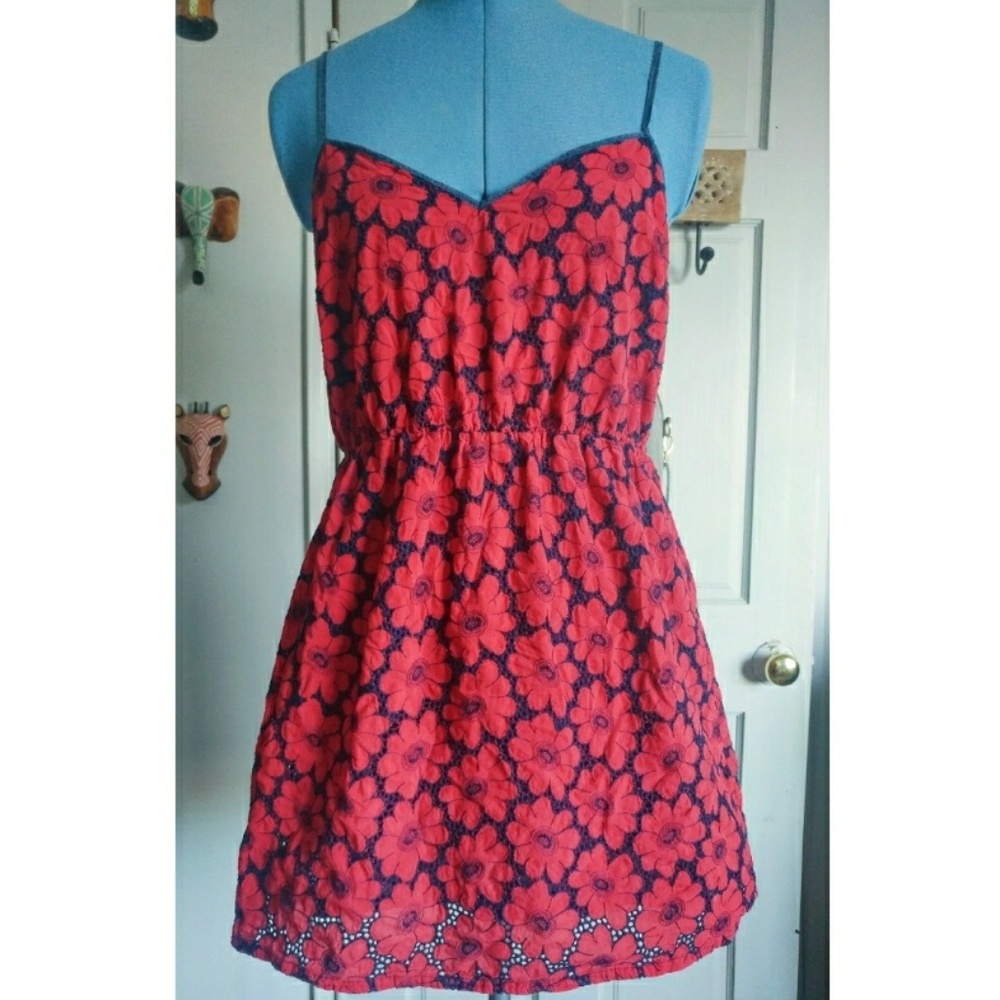 Navy & Red Floral Crochet Sleeveless V-Neck Dress